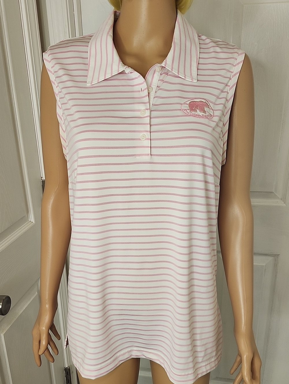 adidas Sleeveless Polo Tank Golf Shirt in Pink and White Stripes